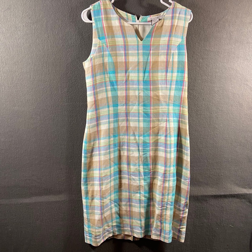 vtg women linen sheath dress 4 plaid summer picnic Paraphrase Blue Tan coastal